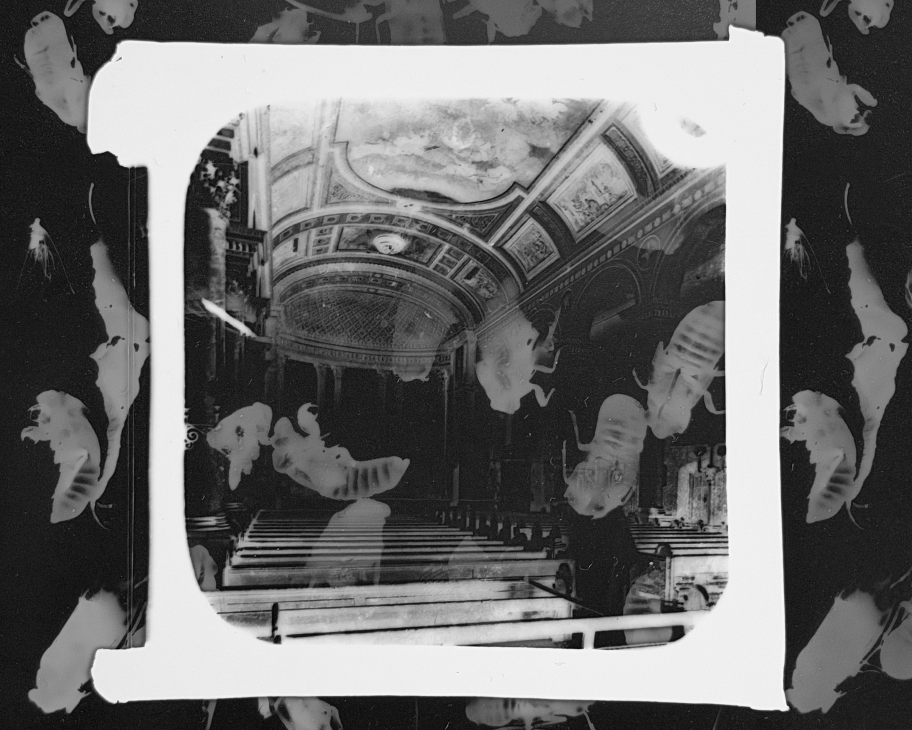 Church interior — darkroom double exposure with cicadas